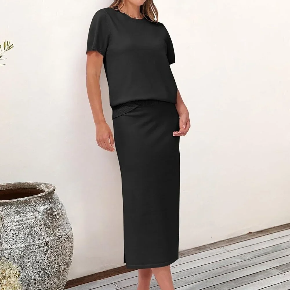 Womens Striped Sweater Skirt Set Casual Summer Short Sleeve Travel Outfit